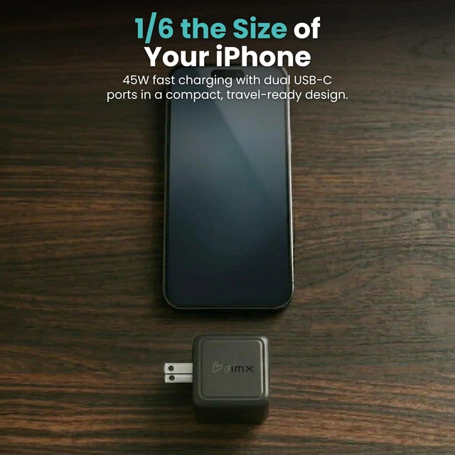 Alt view image 3 of 13 - Gansta USB-C GaN Mobile Charger - 2-Port Dual USB-C with Smart LCD Display | Compact Black 45W Fast Charger for iPhone, iPad & MacBook Air, Foldable Plug