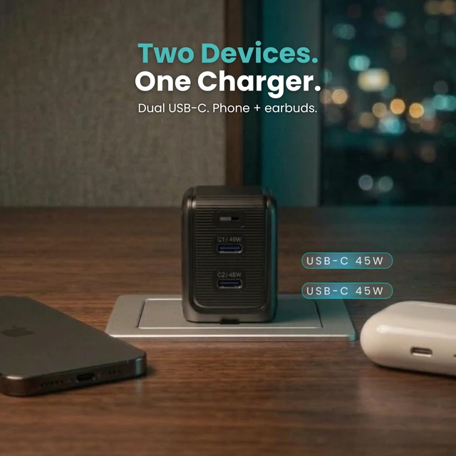 Alt view image 4 of 13 - Gansta USB-C GaN Mobile Charger - 2-Port Dual USB-C with Smart LCD Display | Compact Black 45W Fast Charger for iPhone, iPad & MacBook Air, Foldable Plug