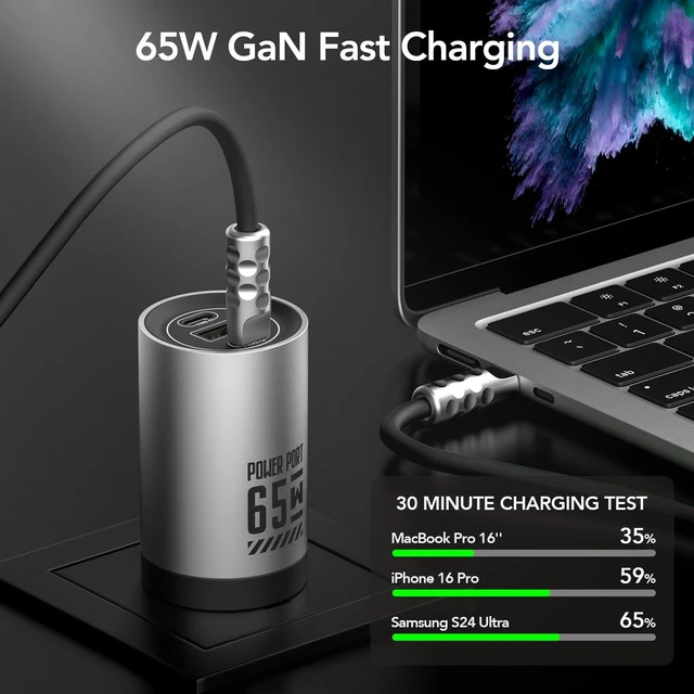 Alt view image 2 of 20 - MFish 65W 3-Port GaN Fast Wall Charger, USB C Charger Block | 2 USB-C and 1 USB-A port, Compact Size, Foldable Plug, For MacBook, iPhone, iPad, Galaxy S26/S25