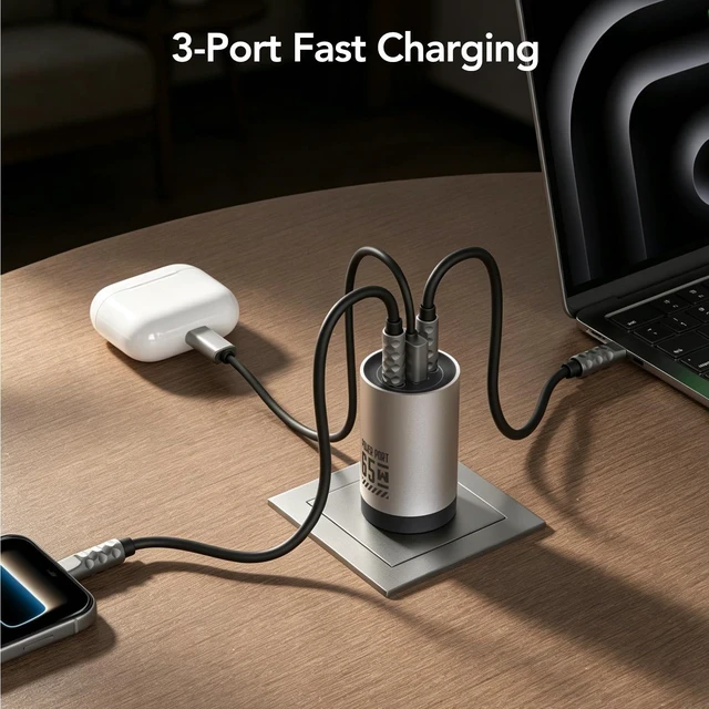 Alt view image 3 of 20 - MFish 65W 3-Port GaN Fast Wall Charger, USB C Charger Block | 2 USB-C and 1 USB-A port, Compact Size, Foldable Plug, For MacBook, iPhone, iPad, Galaxy S26/S25