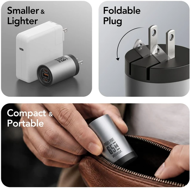 Alt view image 5 of 20 - MFish 65W 3-Port GaN Fast Wall Charger, USB C Charger Block | 2 USB-C and 1 USB-A port, Compact Size, Foldable Plug, For MacBook, iPhone, iPad, Galaxy S26/S25