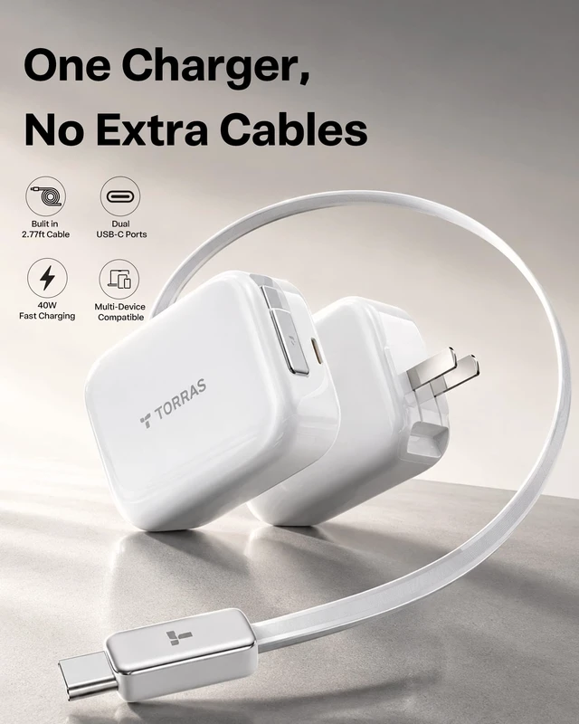 Alt view image 2 of 14 - TORRAS FlexLine 40W USB C Charger,Dual-Port GaN Retractable Wall Charger | iPhone17/16/15,iPad,Macbook,Galaxy Compatible,Retractable Cable&Foldable Plug,Fast Charging,GaN,Travel and Desk Use
