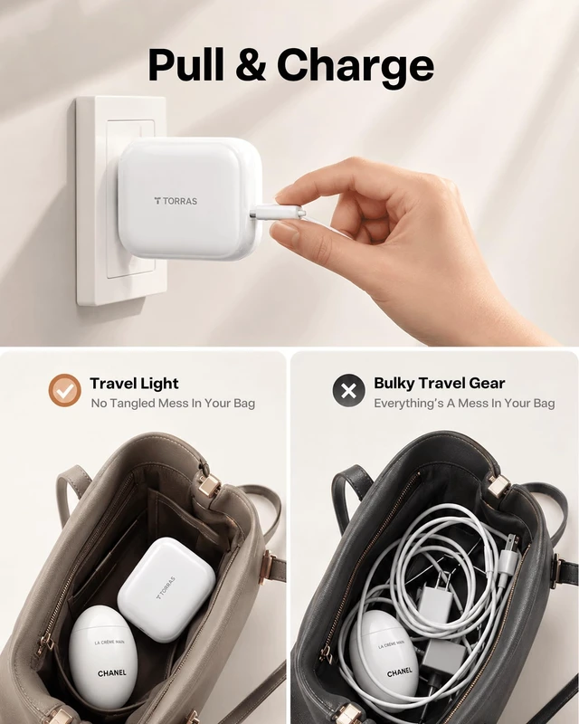 Alt view image 4 of 14 - TORRAS FlexLine 40W USB C Charger,Dual-Port GaN Retractable Wall Charger | iPhone17/16/15,iPad,Macbook,Galaxy Compatible,Retractable Cable&Foldable Plug,Fast Charging,GaN,Travel and Desk Use