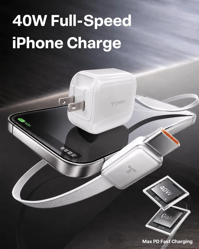 Alt view image 5 of 14 - TORRAS FlexLine 40W USB C Charger,Dual-Port GaN Retractable Wall Charger | iPhone17/16/15,iPad,Macbook,Galaxy Compatible,Retractable Cable&Foldable Plug,Fast Charging,GaN,Travel and Desk Use