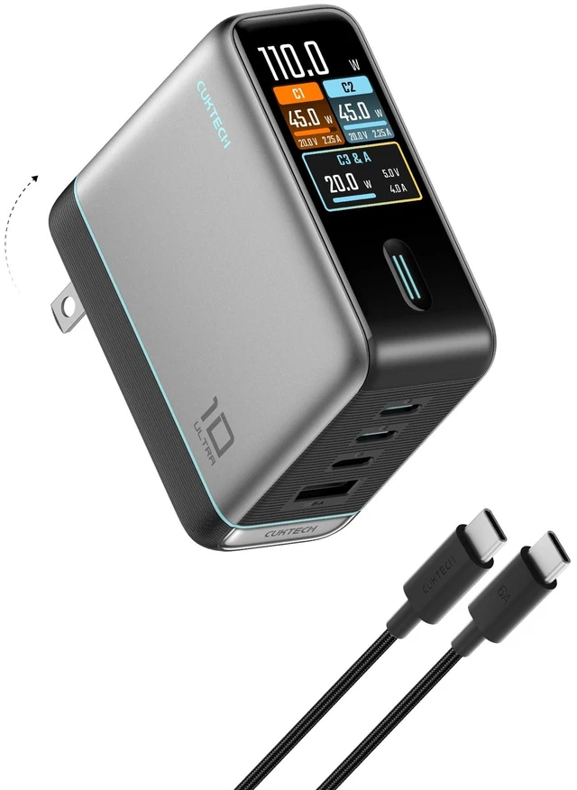 Main image of CUKTECH 100W USB C Charger, 4-Port GaN Wall Charger with Smart Display | Real-Time Wattage Display, 3 USB-C + 1 USB-A, for MacBook Pro/Air, iPhone 17/16, Galaxy S26 and Pixel, 240W Cable Included