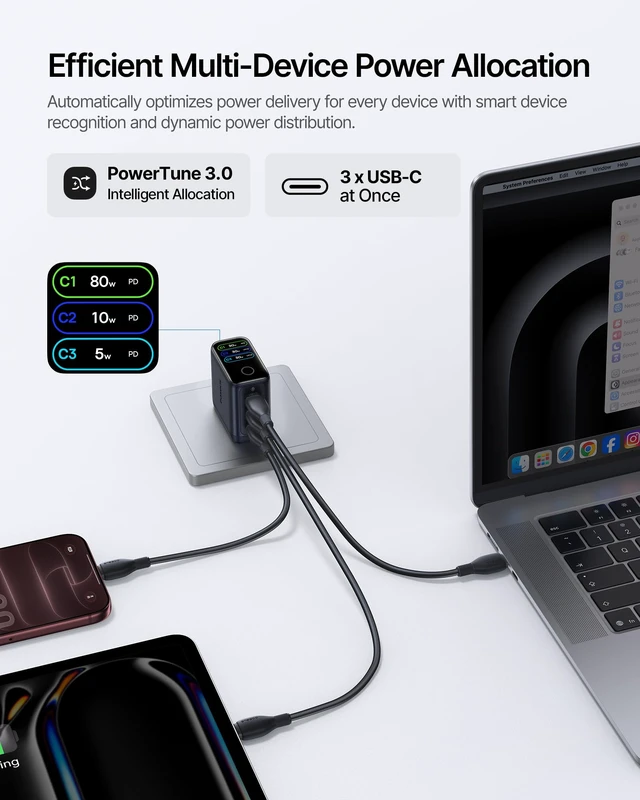 Alt view image 5 of 20 - Baseus PicoGo Pro AH22 100W USB C Charger Fast Charging with Smart Display | 3 Port Type-C Charger, Active Battery Care, AVS Wall Charger for MacBook, iPhone Duo, iPhone 18/17 Series (Cable Included)