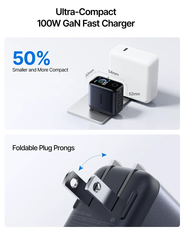 Alt view image 4 of 20 - Baseus PicoGo Pro AH22 100W USB C Charger Fast Charging with Smart Display | 3 Port Type-C Charger, Active Battery Care, AVS Wall Charger for MacBook, iPhone Duo, iPhone 18/17 Series (Cable Included)
