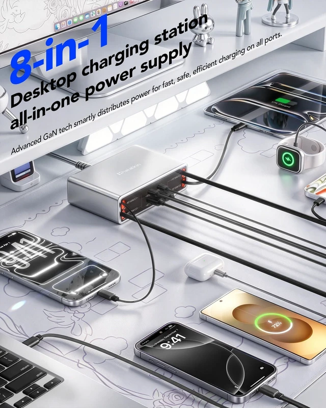 Alt view image 3 of 7 - 8-in-1 Charging Station for Multi Device,Fast Charger Retractable 65W Cable | Retractable Charging Station,Retractable Charger for iPhone Duo/18 Pro,Galaxy,Laptops,Tablet,Home Office