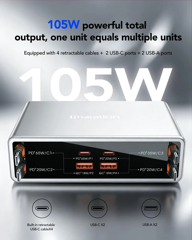 Alt view image 4 of 7 - 8-in-1 Charging Station for Multi Device,Fast Charger Retractable 65W Cable | Retractable Charging Station,Retractable Charger for iPhone Duo/18 Pro,Galaxy,Laptops,Tablet,Home Office