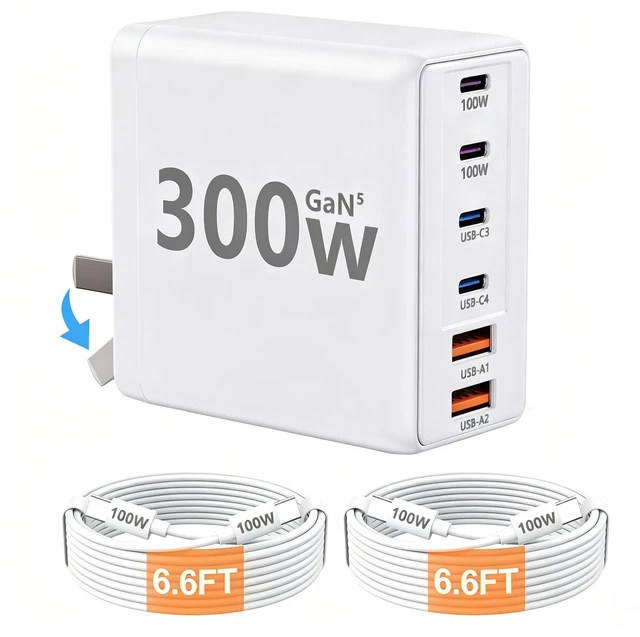 Main image of ROOEUSC 300W USB C Laptop Charger with 2 USB Cables 6Port Dual 100W | Charging Block GaN5 Super Fast Type C Power Adapter for MacBook Pro/Air, iPhone, iPad (White)