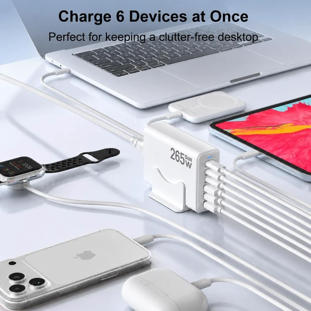 Alt view image 2 of 20 - Newdarren 265W Charger Block, 6 Port USB C Charging Station with 140W PD | Fast Charger with 3 USB C Ports, Multiple USB Charger Station for MacBook Pro/Air, Galaxy, iPhone, Home, Office