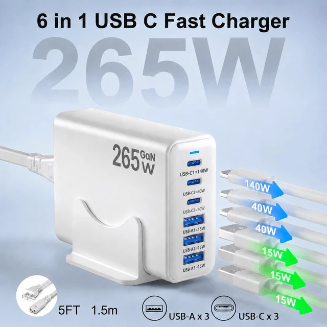 Alt view image 4 of 20 - Newdarren 265W Charger Block, 6 Port USB C Charging Station with 140W PD | Fast Charger with 3 USB C Ports, Multiple USB Charger Station for MacBook Pro/Air, Galaxy, iPhone, Home, Office