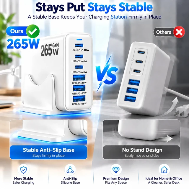 Alt view image 7 of 20 - Newdarren 265W Charger Block, 6 Port USB C Charging Station with 140W PD | Fast Charger with 3 USB C Ports, Multiple USB Charger Station for MacBook Pro/Air, Galaxy, iPhone, Home, Office
