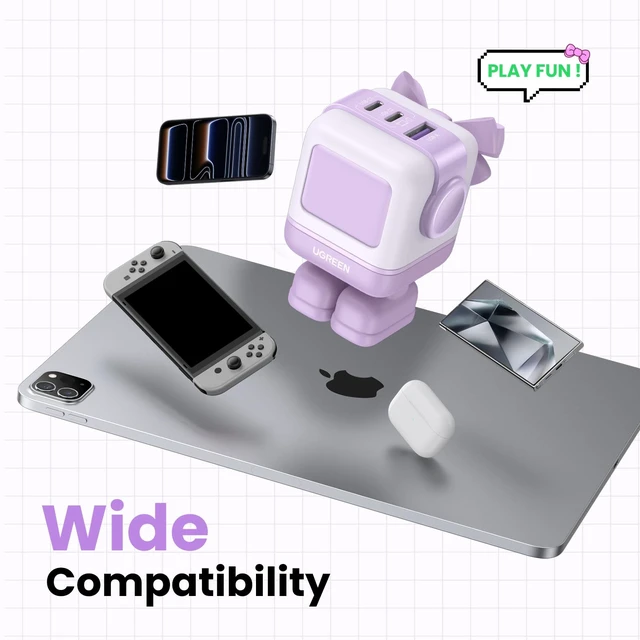 Alt view image 6 of 20 - UGREEN Uno 65W 3-Port USB C Charger, GaN Fast Charging Block, Purple | Playful Robot Design, LED Display, Unique Gift, Fast Charging for MacBook, iPhone 18/17, Galaxy S26, Pixel, iPad, Steam Deck