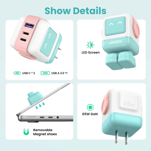 Alt view image 2 of 20 - Uno 65W 3-Port USB C Charger Adapter, GaN Fast Charging Block, Green | Playful Robot Design, LED Display, Unique Gift, Fast Charging for MacBook, iPhone 18/17, Galaxy S26, Pixel, iPad, Steam Deck
