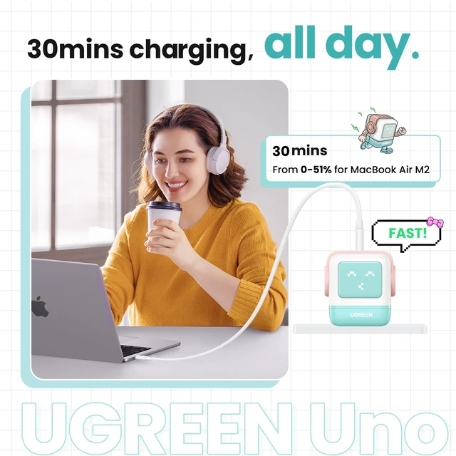 Alt view image 4 of 20 - Uno 65W 3-Port USB C Charger Adapter, GaN Fast Charging Block, Green | Playful Robot Design, LED Display, Unique Gift, Fast Charging for MacBook, iPhone 18/17, Galaxy S26, Pixel, iPad, Steam Deck
