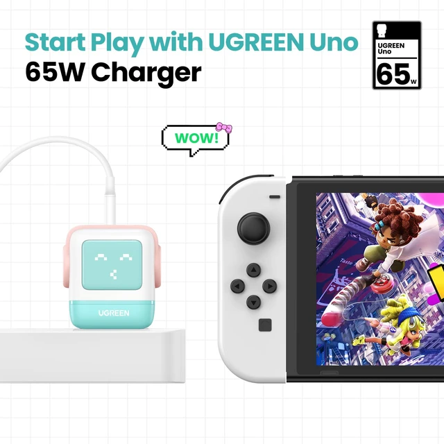 Alt view image 5 of 20 - Uno 65W 3-Port USB C Charger Adapter, GaN Fast Charging Block, Green | Playful Robot Design, LED Display, Unique Gift, Fast Charging for MacBook, iPhone 18/17, Galaxy S26, Pixel, iPad, Steam Deck