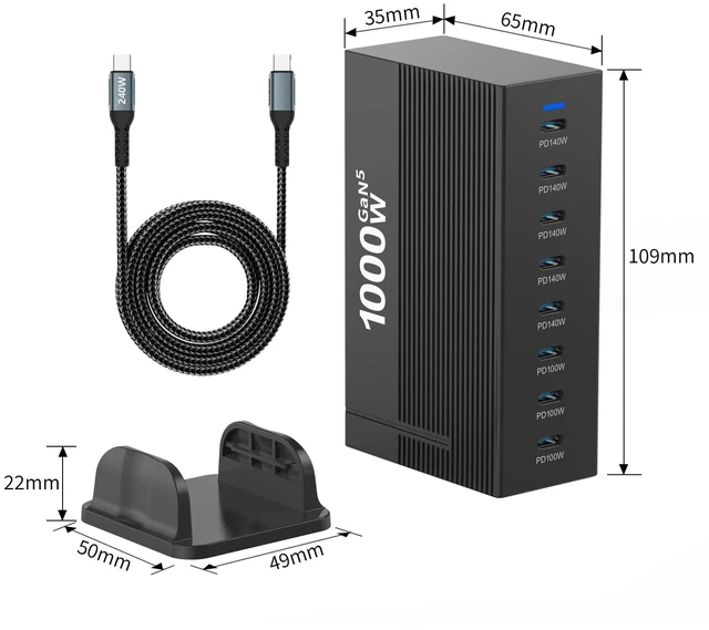 Alt view image 3 of 13 - 1000W 8-Port GaN5 Desktop Charging Station, High-Power USB Charging Hub with 5X 140W and 3X 100W PD Ports, Fast Charger for Laptops, Tablets, and Smartphones