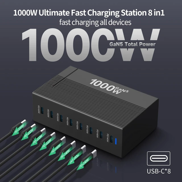 Alt view image 5 of 13 - 1000W 8-Port GaN5 Desktop Charging Station, High-Power USB Charging Hub with 5X 140W and 3X 100W PD Ports, Fast Charger for Laptops, Tablets, and Smartphones