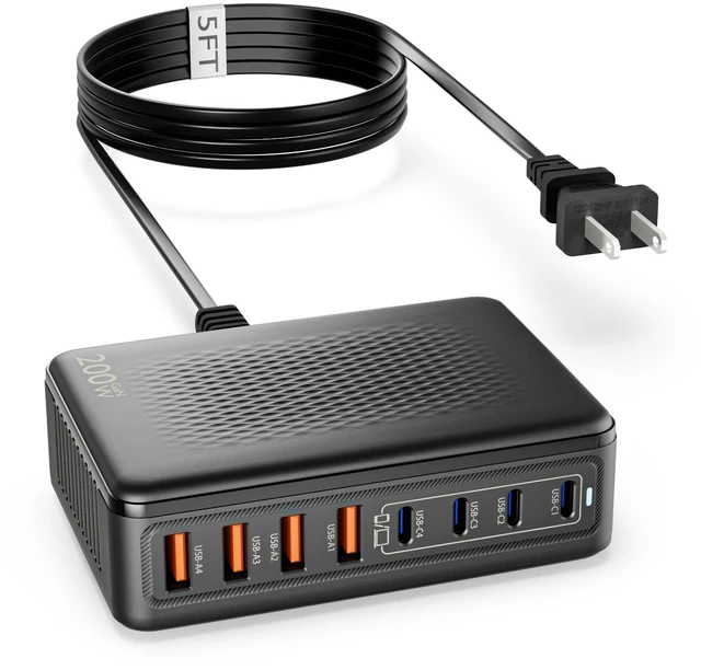 Main image of USB C Charger Block, 200W GaN 8 Port USBC Charging Station USB Hub Block Cube with PD3.0 Type C & USB A Wall Charger Power Adapter for Multiple Devices Apple iPhone 17/16/15,MacBook Pro/Air,iPad-Black