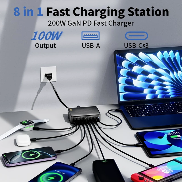 Alt view image 2 of 20 - USB C Charger Block, 200W GaN 8 Port USBC Charging Station USB Hub Block Cube with PD3.0 Type C & USB A Wall Charger Power Adapter for Multiple Devices Apple iPhone 17/16/15,MacBook Pro/Air,iPad-Black