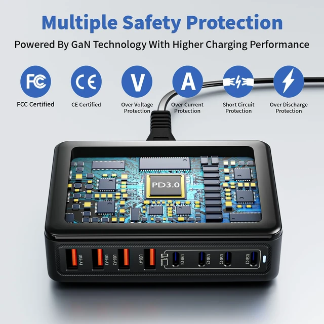 Alt view image 4 of 20 - USB C Charger Block, 200W GaN 8 Port USBC Charging Station USB Hub Block Cube with PD3.0 Type C & USB A Wall Charger Power Adapter for Multiple Devices Apple iPhone 17/16/15,MacBook Pro/Air,iPad-Black