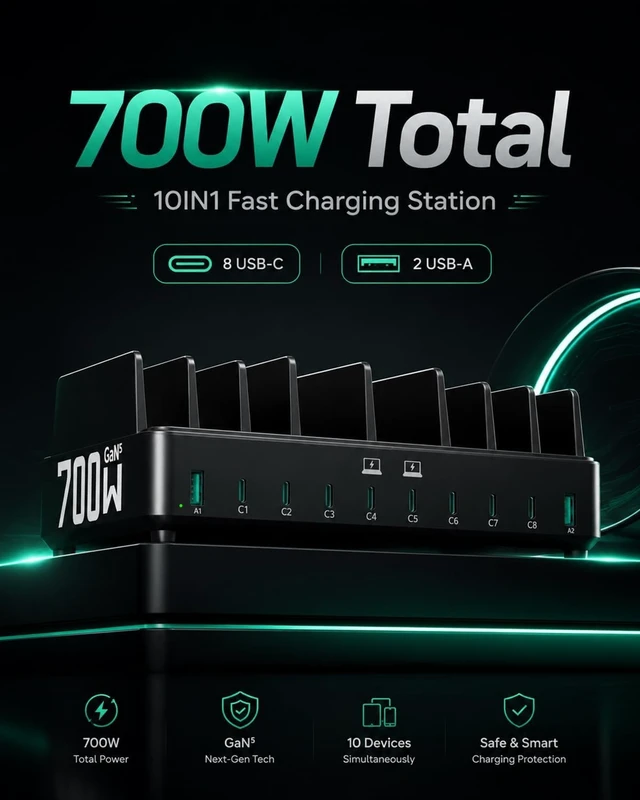 Alt view image 2 of 20 - 700W 10-in-1 GaN 5 Fast Charger Dock Multi Device Charging Station | 8 USB-C & 2 USB-A with Adjustable Dividers Charge for Laptops, MacBooks, iPhones, iPads, Tablets, & More with 10 Cables