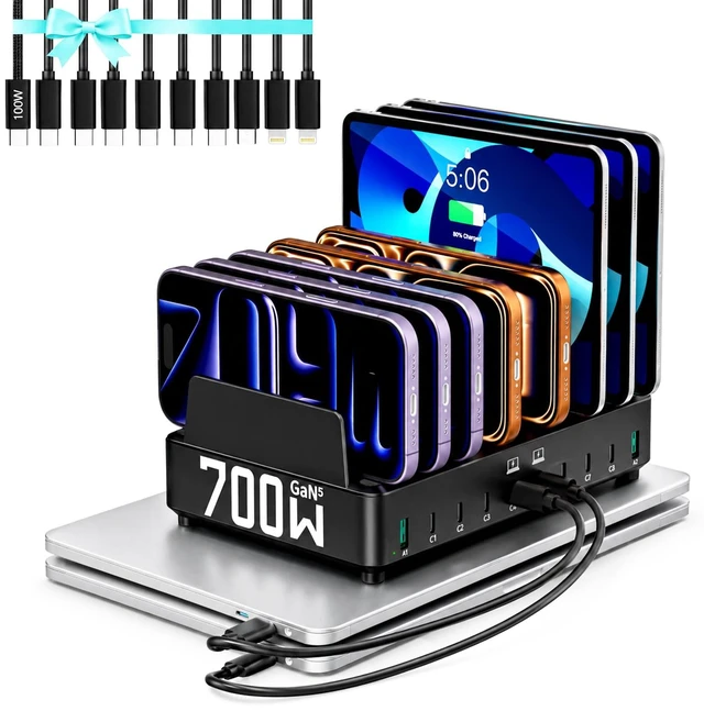 Main image of 700W 10-in-1 GaN 5 Fast Charger Dock Multi Device Charging Station | 8 USB-C & 2 USB-A with Adjustable Dividers Charge for Laptops, MacBooks, iPhones, iPads, Tablets, & More with 10 Cables