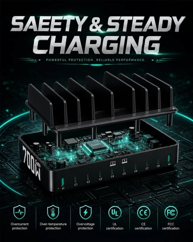 Alt view image 3 of 20 - 700W 10-in-1 GaN 5 Fast Charger Dock Multi Device Charging Station | 8 USB-C & 2 USB-A with Adjustable Dividers Charge for Laptops, MacBooks, iPhones, iPads, Tablets, & More with 10 Cables