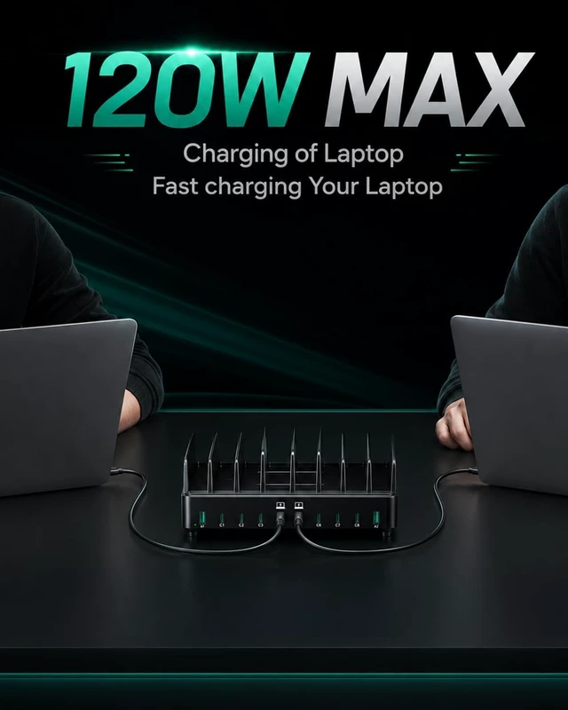 Alt view image 4 of 20 - 700W 10-in-1 GaN 5 Fast Charger Dock Multi Device Charging Station | 8 USB-C & 2 USB-A with Adjustable Dividers Charge for Laptops, MacBooks, iPhones, iPads, Tablets, & More with 10 Cables