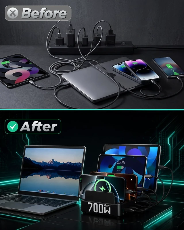 Alt view image 5 of 20 - 700W 10-in-1 GaN 5 Fast Charger Dock Multi Device Charging Station | 8 USB-C & 2 USB-A with Adjustable Dividers Charge for Laptops, MacBooks, iPhones, iPads, Tablets, & More with 10 Cables