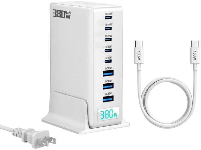 Main image of 380W GaN III 8-Port Multi-Device USB-C Charger, PD 30W+100W PC Laptop Fast Charging Hub for MacBook/iPhone/iPad/Dell/Steam Deck, w/ 100W Cable, White