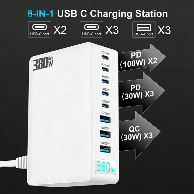 Alt view image 3 of 14 - 380W GaN III 8-Port Multi-Device USB-C Charger, PD 30W+100W PC Laptop Fast Charging Hub for MacBook/iPhone/iPad/Dell/Steam Deck, w/ 100W Cable, White