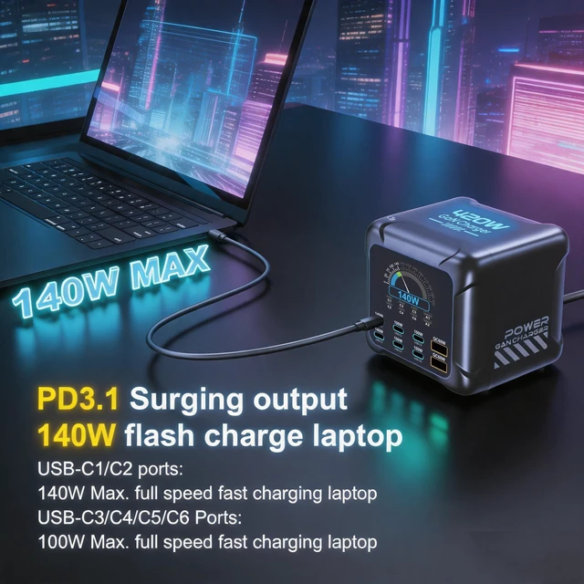 Alt view image 3 of 14 - Ubigbuy 420W USB C Charging Station with TFT Display | PD3.1 140W, QC60W Super Fast Charging, GaN Charger Block for MacBook Laptop, iPhone 17 16 Pro Max, Galaxy S25 Ultra