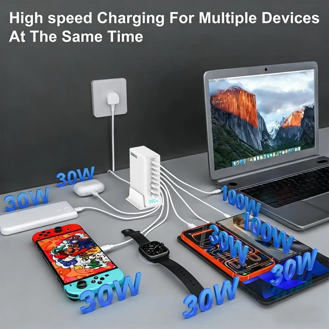 Alt view image 6 of 14 - 380W GaN III 8-Port Multi-Device USB-C Charger, PD 30W+100W PC Laptop Fast Charging Hub for MacBook/iPhone/iPad/Dell/Steam Deck, w/ 100W Cable, White