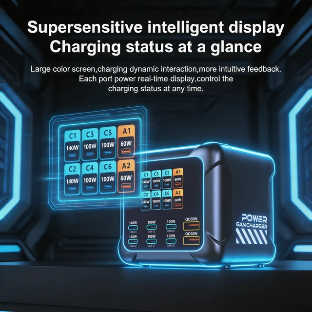 Alt view image 5 of 14 - Ubigbuy 420W USB C Charging Station with TFT Display | PD3.1 140W, QC60W Super Fast Charging, GaN Charger Block for MacBook Laptop, iPhone 17 16 Pro Max, Galaxy S25 Ultra