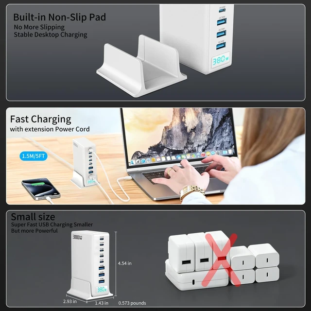 Alt view image 7 of 14 - 380W GaN III 8-Port Multi-Device USB-C Charger, PD 30W+100W PC Laptop Fast Charging Hub for MacBook/iPhone/iPad/Dell/Steam Deck, w/ 100W Cable, White