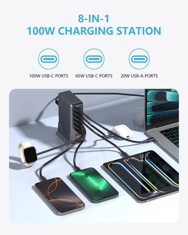 Alt view image 2 of 20 - 500Watt USB-C GaN Charger 8 in 1 Power Strip Hub Dual 140W PD PPS Port+Dual 100W PD Port for Multiple Electronics Devices,Laptop Wall Charger Compatible with MacBook/iPhone 16/iPad