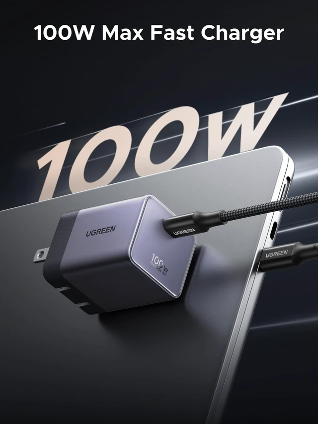 Alt view image 2 of 20 - UGREEN Nexode Air 100W GaN Wall Charger with USB C Cable | Compact Foldable PD Type C Fast Charger for MacBook, iPhone 18 Pro Max, Galaxy, Grey