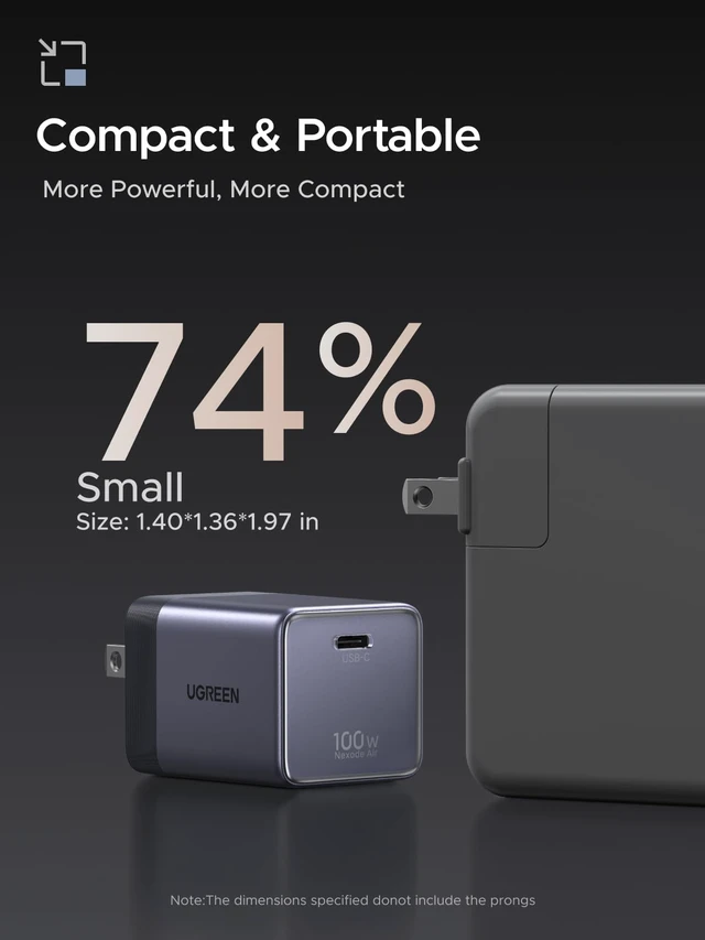 Alt view image 3 of 20 - UGREEN Nexode Air 100W GaN Wall Charger with USB C Cable | Compact Foldable PD Type C Fast Charger for MacBook, iPhone 18 Pro Max, Galaxy, Grey