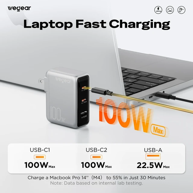 Alt view image 2 of 20 - wegear 100W GaN USB C Charger Block, 3-Port Slim Foldable Wall Charger | Type-C Fast Power Adapter for iPhone 17/16/15, iWatch 12, AirPods 5, MacBook Pro/Air, Dell XPS, iPad, Galaxy S25,Steam Deck