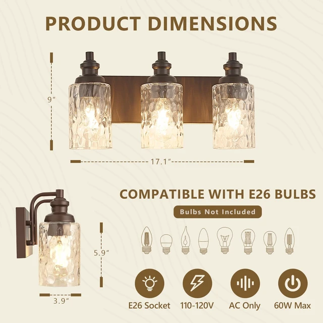 Alt view image 2 of 14 - FYNVEX 3-Light Bathroom Vanity Light Fixture Over Mirror, Oil-Rubbed Bronze | Clear Hammered Cylindrical Glass Shades, Metal Frame, Rippled Glow, Wall Mount Up or Down, E26 Socket, Hardwired, 120V