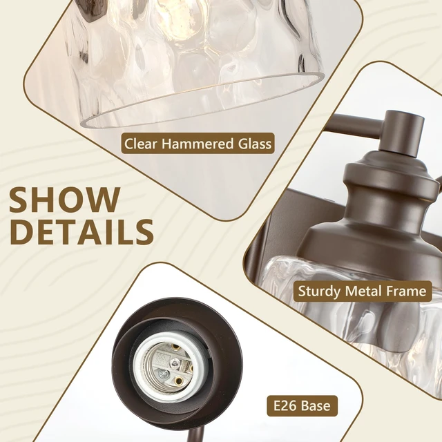 Alt view image 3 of 14 - FYNVEX 3-Light Bathroom Vanity Light Fixture Over Mirror, Oil-Rubbed Bronze | Clear Hammered Cylindrical Glass Shades, Metal Frame, Rippled Glow, Wall Mount Up or Down, E26 Socket, Hardwired, 120V