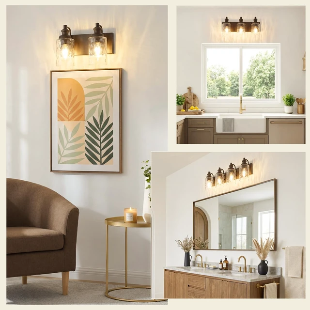 Alt view image 5 of 14 - FYNVEX 3-Light Bathroom Vanity Light Fixture Over Mirror, Oil-Rubbed Bronze | Clear Hammered Cylindrical Glass Shades, Metal Frame, Rippled Glow, Wall Mount Up or Down, E26 Socket, Hardwired, 120V