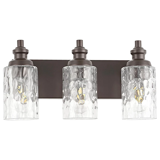 Alt view image 6 of 14 - FYNVEX 3-Light Bathroom Vanity Light Fixture Over Mirror, Oil-Rubbed Bronze | Clear Hammered Cylindrical Glass Shades, Metal Frame, Rippled Glow, Wall Mount Up or Down, E26 Socket, Hardwired, 120V