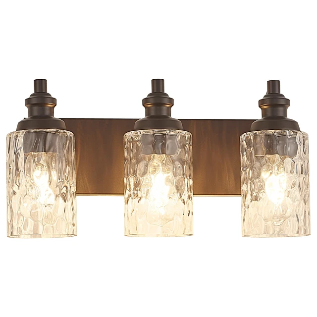 Alt view image 7 of 14 - FYNVEX 3-Light Bathroom Vanity Light Fixture Over Mirror, Oil-Rubbed Bronze | Clear Hammered Cylindrical Glass Shades, Metal Frame, Rippled Glow, Wall Mount Up or Down, E26 Socket, Hardwired, 120V