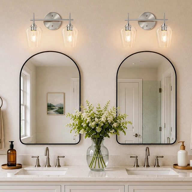 Alt view image 4 of 14 - MOKATNG 2-Light Bathroom Light Fixtures, Brushed Nickel Vanity Lights for Bathroom with Clear Glass, Bathroom Lighting Fixtures Over Mirror, Modern Wall lamp for Cabinet Hallway