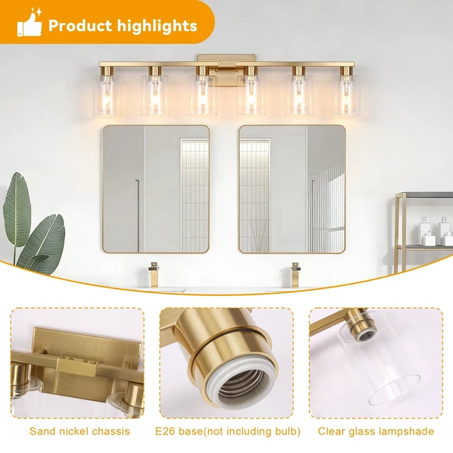 Alt view image 4 of 7 - 6 Light Bathroom Vanity Light Brushed Gold , Gold Bathroom Light Fixtures for Bathrrom Large Wall Sconce with Clear Glass Shade Rust and Moisture Prevention Easy to Install Vanity Lights over Mirror