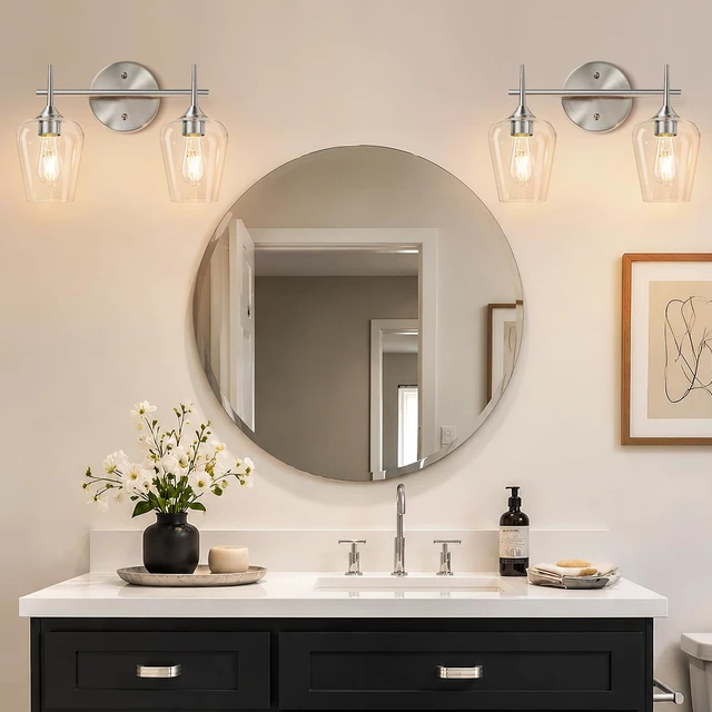 Alt view image 5 of 14 - MOKATNG 2-Light Bathroom Light Fixtures, Brushed Nickel Vanity Lights for Bathroom with Clear Glass, Bathroom Lighting Fixtures Over Mirror, Modern Wall lamp for Cabinet Hallway