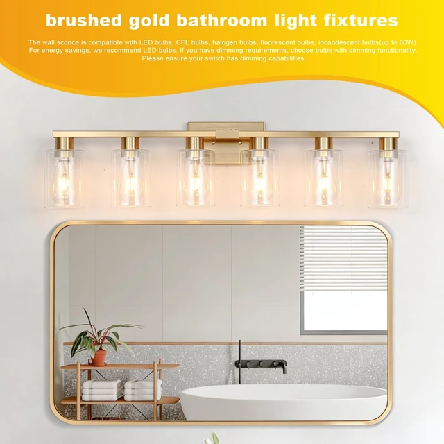 Alt view image 5 of 7 - 6 Light Bathroom Vanity Light Brushed Gold , Gold Bathroom Light Fixtures for Bathrrom Large Wall Sconce with Clear Glass Shade Rust and Moisture Prevention Easy to Install Vanity Lights over Mirror